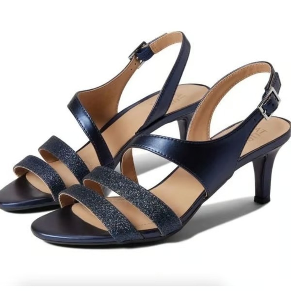 Naturalizer Women's Black Strappy Heels Sandal Black Taimi Navy Glitter 6 M NEW